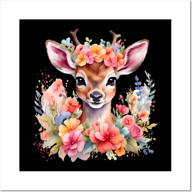 A baby deer decorated with beautiful watercolor flowers Wall Art by CreativeSparkzz